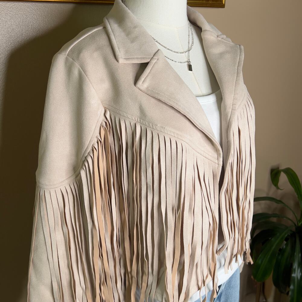 NWT Faux Suede Fringe Jacket Tan Western Cowgirl Boho Moto Shacket M